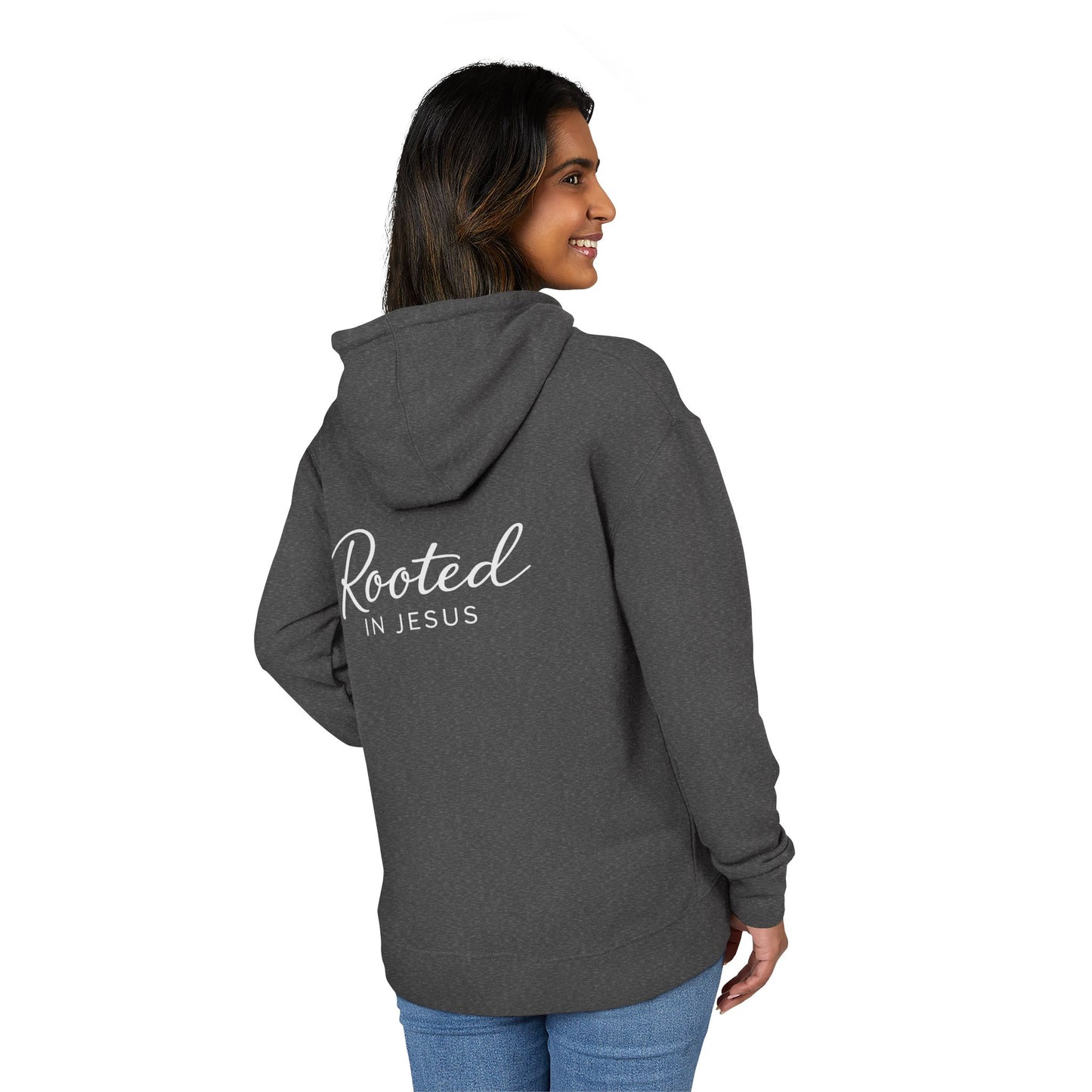 Rooted in Jesus Hoodie | Lightweight French Terry Pullover Hoodie, 80% Cotton/20% Polyester, soft blended comfort.