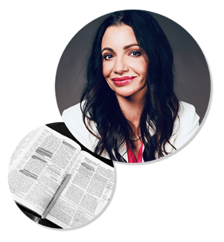 Circular cutout of a Elizabeth Everett with an open bible underneath